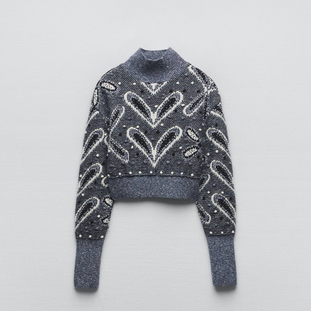 ZARA NWT Pom Pom Jacquard Knit Crop Women's Blue Patterned Sweater